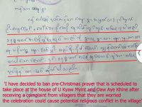 Officials ban scheduled Christmas prayer in central Myanmar