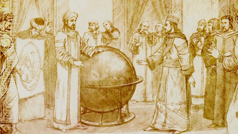 Al Idrisi's presenting silver globe to King Roger II