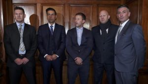 Former footballers (L-R) Mark Williams, Andy Woodward, Steve Walters, Jason Dunford and Matt Monaghan pose for a photograph after a news conference at the launch of The Offside Trust, an independent group set up to support players and their families who have suffered abuse, in Manchester northern England December 5, 2016. REUTERS/Phil Noble