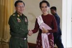 Senior General Min Aung Hlaing (L), Myanmar Commander In-Chief shakes hands with National League for Democracy (NLD) party leader Aung San Suu Kyi before their meeting at the Commander in-Chief's office in Naypyidaw on December 2, 2015. Myanmar's democracy leader Aung San Suu Kyi began talks with the nation's army-backed president on the handover of power on December 2 nearly a month after her opposition party cleaned up at the polls. AFP / POOL / Soe Zeya Tun / AFP / POOL / SOE ZEYA TUN        (Photo credit should read SOE ZEYA TUN/AFP/Getty Images)
