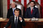French President Emmanuel Macron speaks during his address to a joint meeting of Congress on Capitol Hill in Washington, Wednesday, April 25, 2018. Standing behind him are Vice President Mike Pence and House Speaker Paul Ryan of Wis. (AP Photo/Pablo Martinez Monsivais)