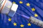 EU Coronavirus vaccine, Europe. Covid-19 vaccination, flu prevention, immunization concept. Vial dose and medical syringe, European Union flag background. 3d illustration