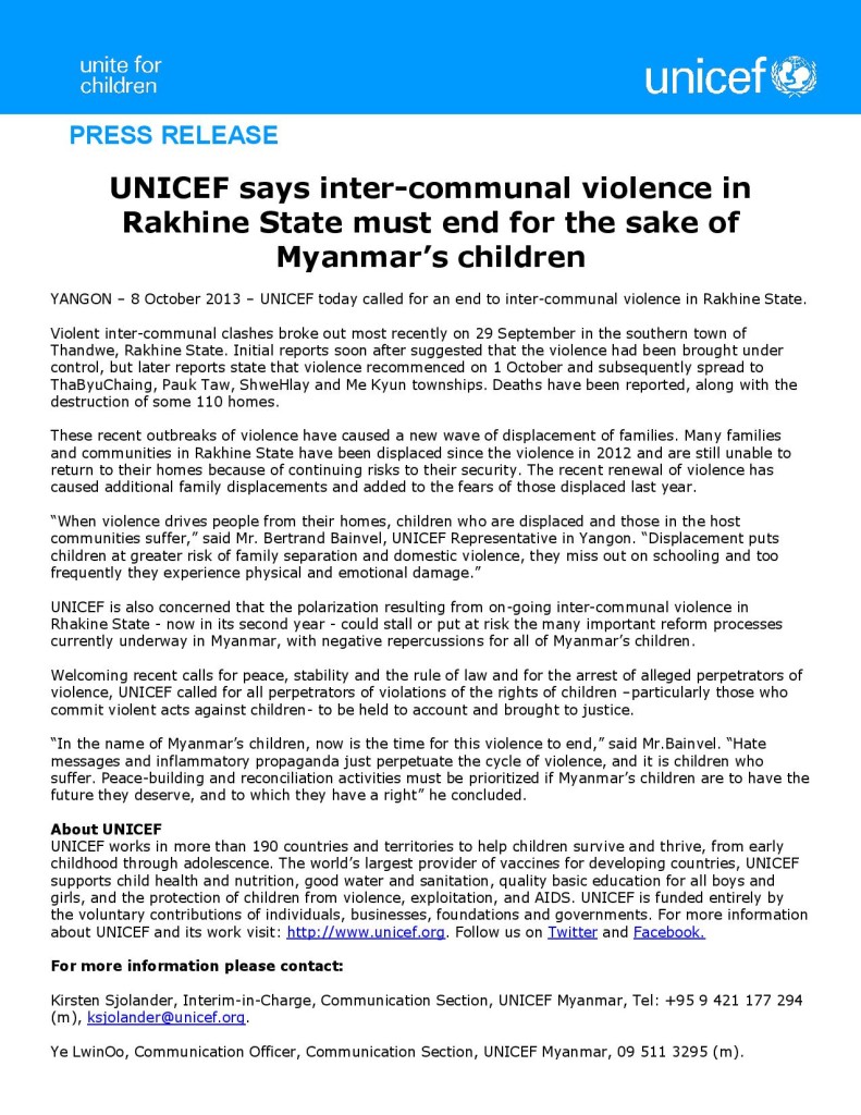 PRESS RELEASE: UNICEF says inter-communal violence in Rakhine State must end for the sake of Myanmar’s children