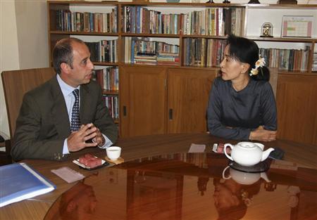 Handout of Quintana, U.N. special envoy on human rights in Myanmar, meets with Myanmar pro-democracy leader Suu Kyi in Yangon