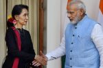 New Delhi: Prime Minister Narendra Modi shakes hands with Myanmar State Counsellor and Foreign Minister Aung San Suu Kyi at Hyderabad House in New Delhi on Wednesday. PTI Photo by Manvender Vashist(PTI10_19_2016_000054B)